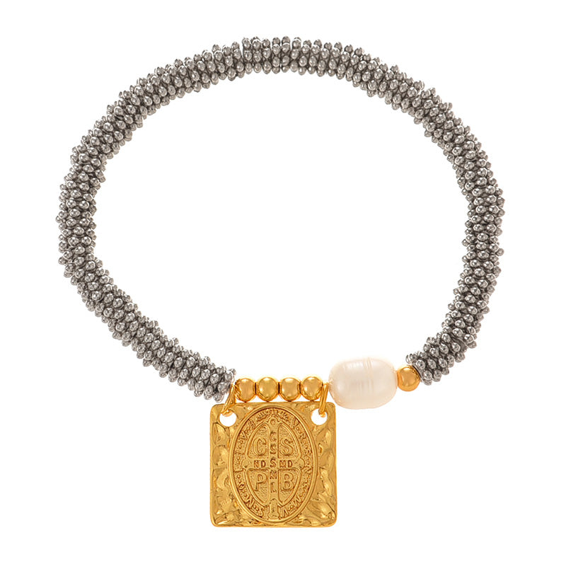 Fashion Silver 2 Copper Square Figure Beaded Pendant Pearl Bracelet