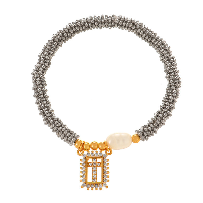 Fashion Silver 2 Copper Square Figure Beaded Pendant Pearl Bracelet