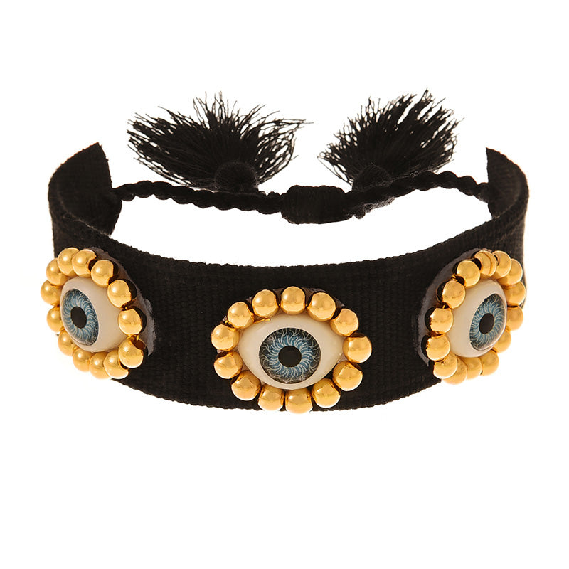 Fashion Black Beaded Copper Bead Eye Braided Tassel Bracelet