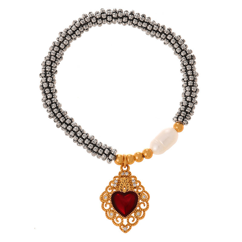 Fashion Golden 2 Copper Inlaid Zircon Irregular Oil Drop Love Pendant Beaded Pearl Bracelet