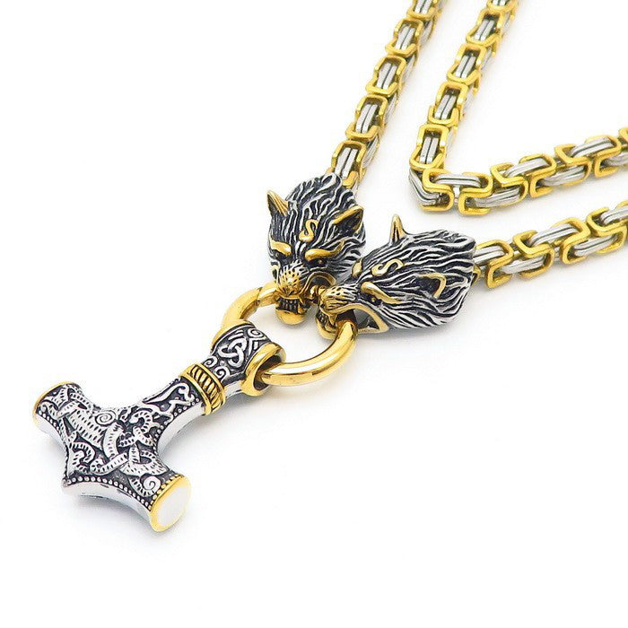 Fashion Gold Titanium Steel Geometric Wolf Head Hammer Men's Necklace