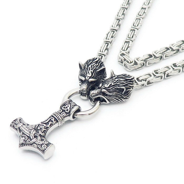 Fashion Gold Titanium Steel Geometric Wolf Head Hammer Men's Necklace