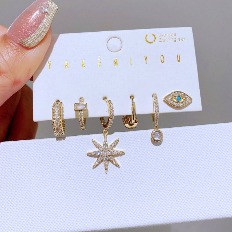 Fashion Gold Copper Inlaid Zirconium Geometric Earrings Set