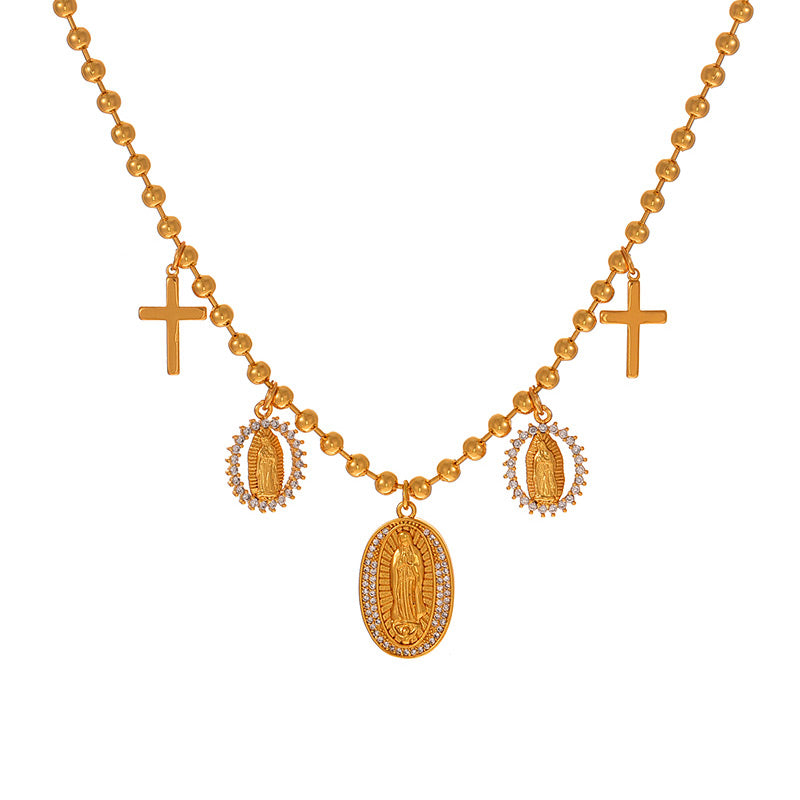 Fashion Gold Copper Inlaid Zircon Portrait Cross Pendant Bead Necklace (3mm)