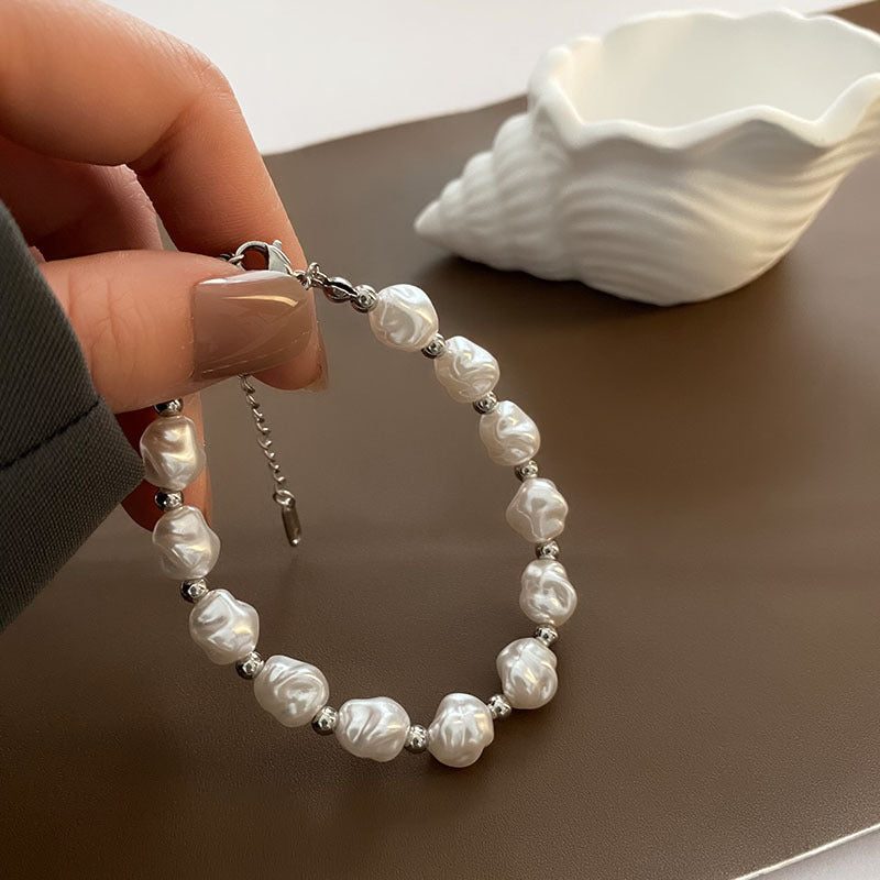 Fashion Silver Imitation Pearl Beaded Titanium Steel Bracelet