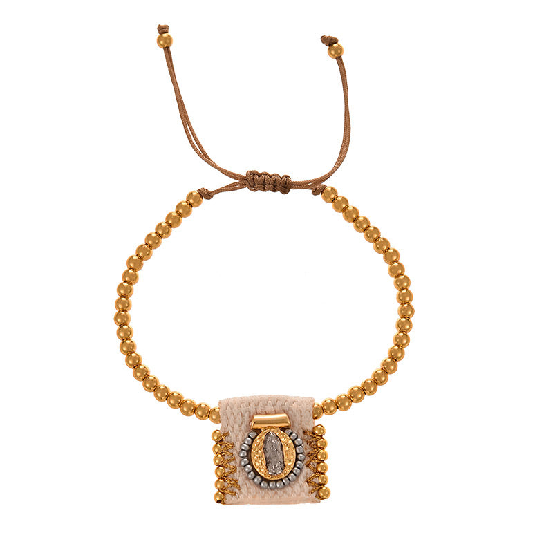 Gold 1 Fabric Square Portrait Copper Beaded Braided Bracelet