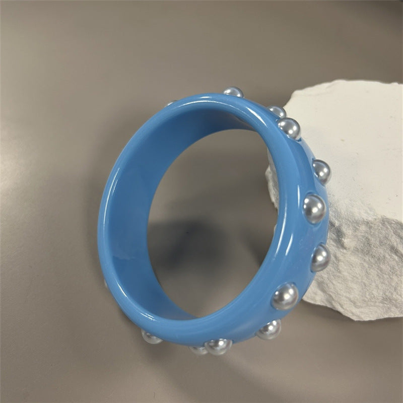 Green Double Row Resin Round Bracelet With Imitation Pearls