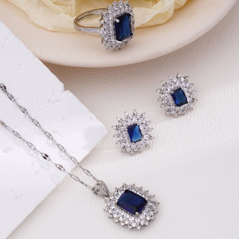 Green Suit Copper Diamond Square Ring Necklace Earring Set