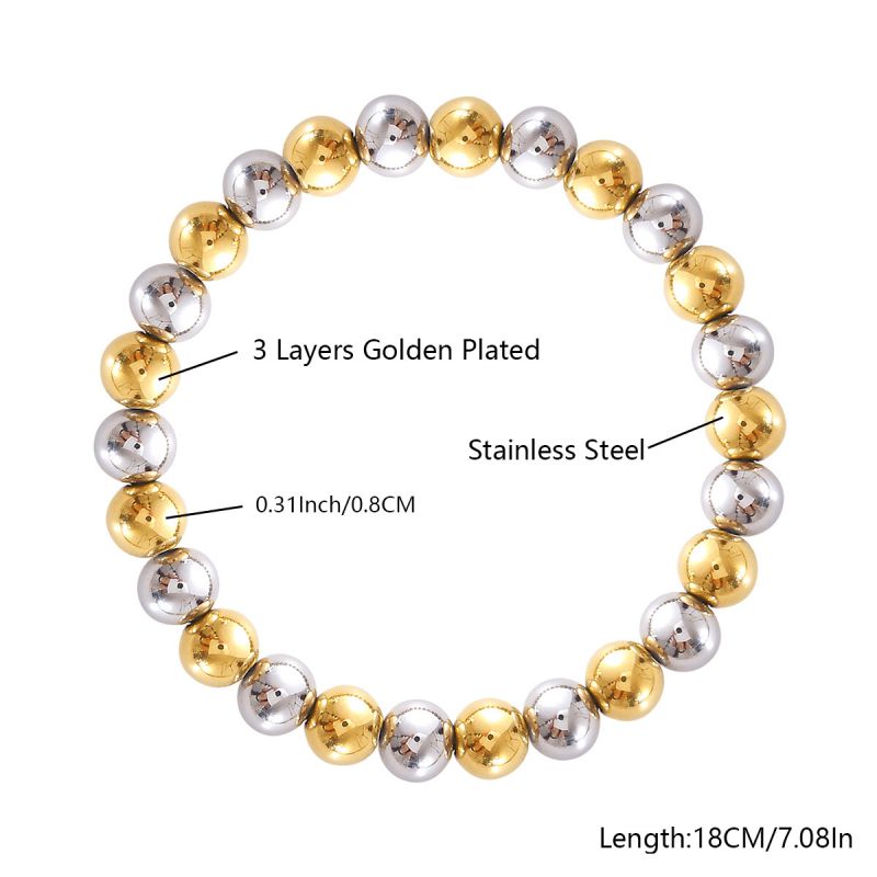 10mm Two-tone Gold And Steel Stainless Steel Beaded Bracelet For Women 18cm Stainless Steel Colorblock Beaded Bracelet