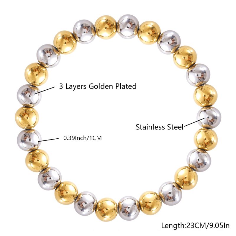 10mm Two-tone Gold And Steel Stainless Steel Beaded Bracelet For Women 18cm Stainless Steel Colorblock Beaded Bracelet