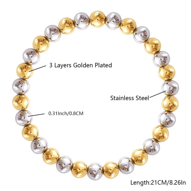 10mm Two-tone Gold And Steel Stainless Steel Beaded Bracelet For Women 18cm Stainless Steel Colorblock Beaded Bracelet