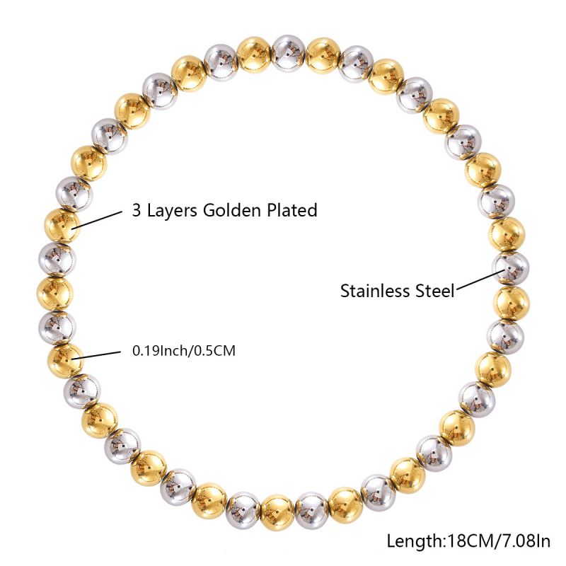 10mm Two-tone Gold And Steel Stainless Steel Beaded Bracelet For Women 18cm Stainless Steel Colorblock Beaded Bracelet