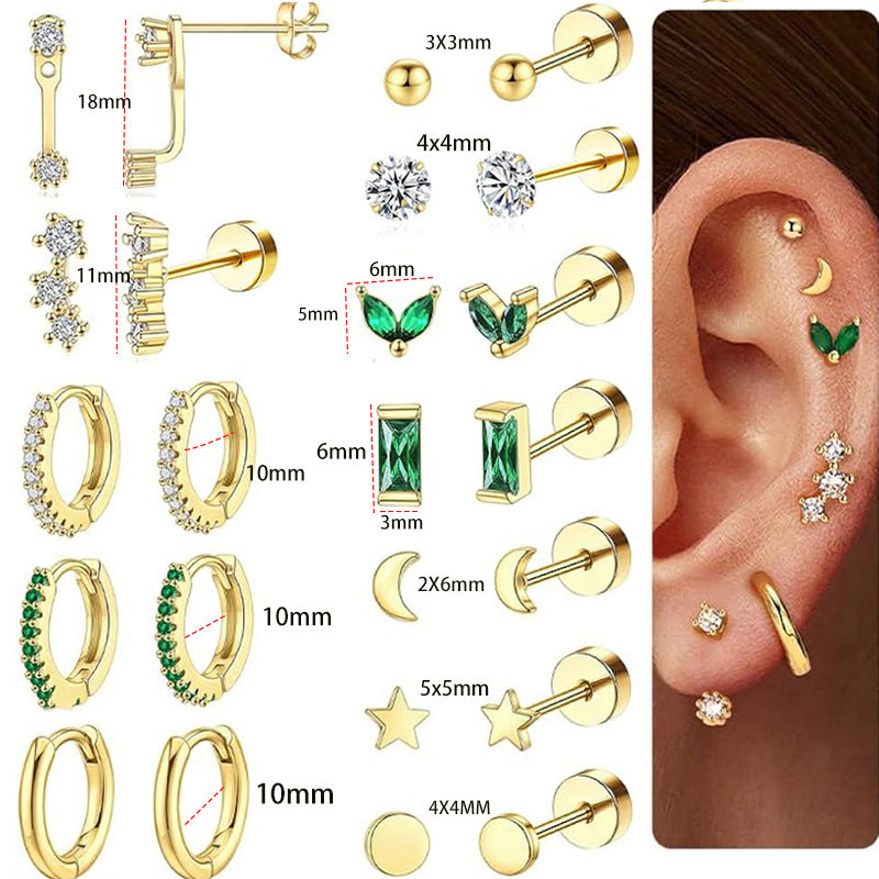 Fashion Gold 24pcs Per Set Stainless Steel Geometric Earring Set With Diamonds