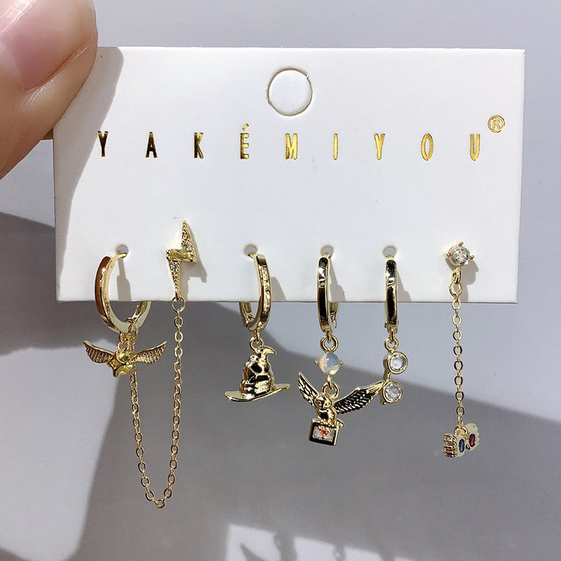 Gold Copper Inlaid Zircon Cartoon Chain Earrings 6-piece Set
