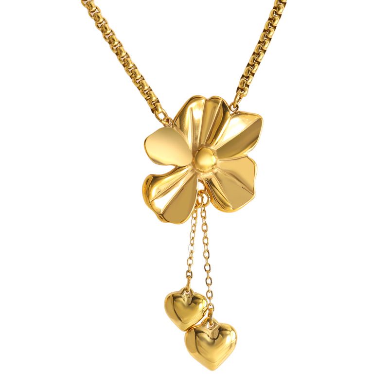 Gold Flower Double Heart Pendant Necklace Stainless Steel Flower Double Heart Pendant Necklace