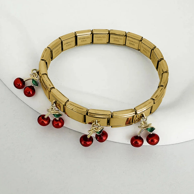 Gold 1 Copper Oil Drop Cherry Titanium Steel Square Module Bracelet
