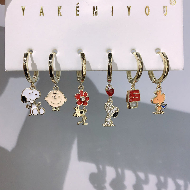Color Copper Inlaid Zircon Oil Drop Cartoon Earrings 6-piece Set