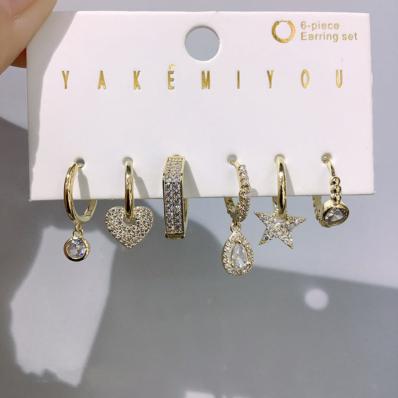 Gold Copper Inlaid Zircon Heart Drop Earrings 6-piece Set