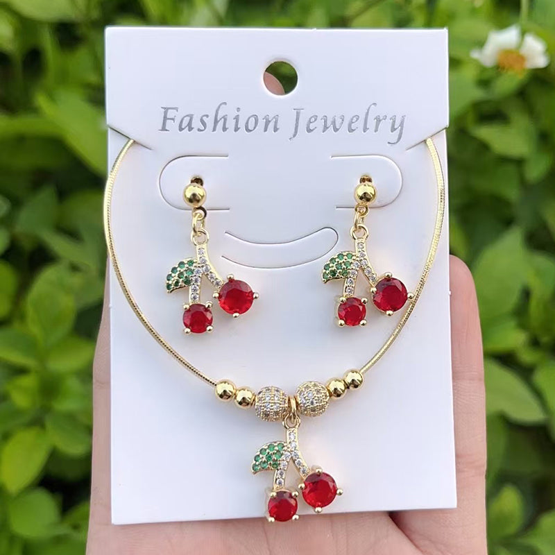Red 1 Copper Inlaid Zircon Cherry Beaded Necklace Earrings Set (4mm)