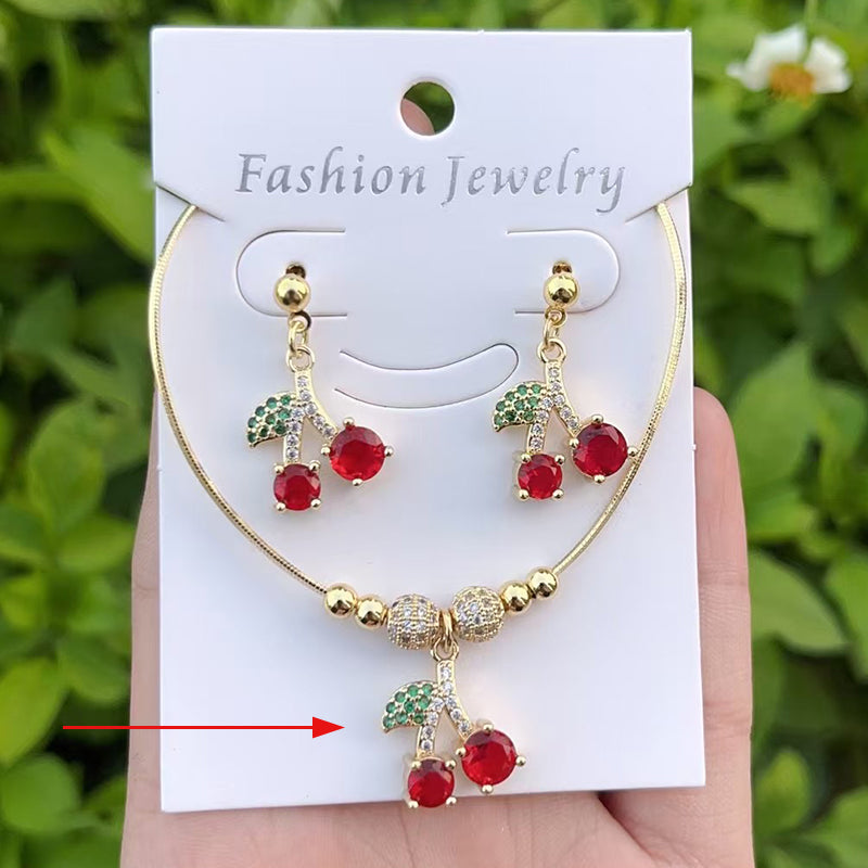 Red 1 Copper Inlaid Zircon Cherry Beaded Necklace Earrings Set (4mm)