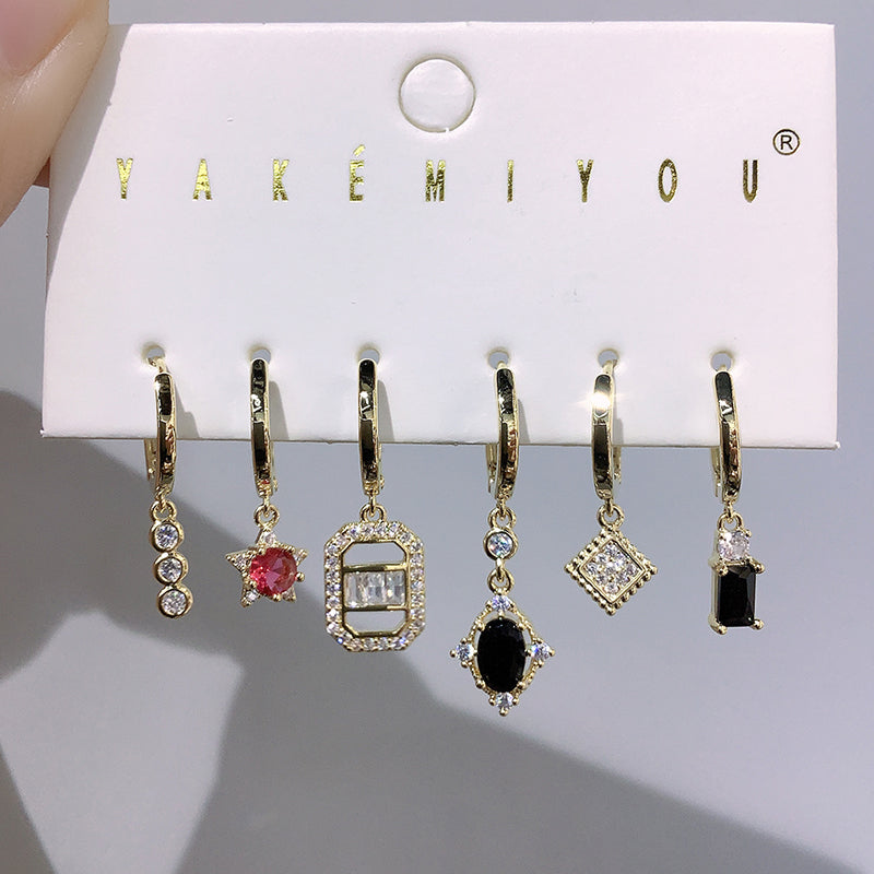 Gold Copper Inlaid Zircon Geometric Earrings 6-piece Set