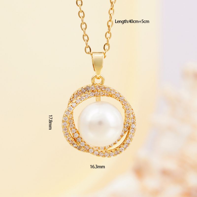 Gold Copper Diamond Pearl Round Necklace