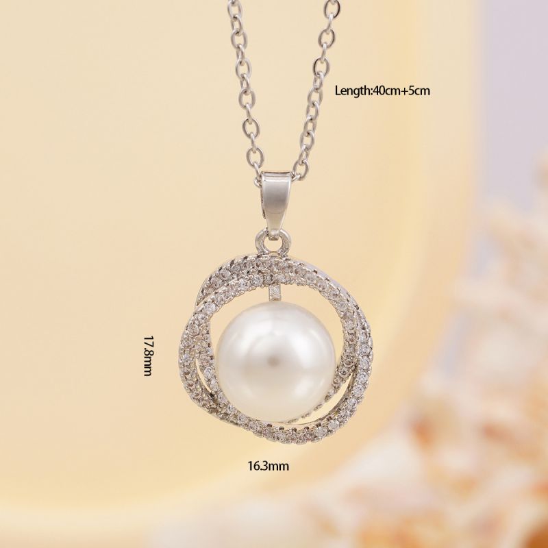 Gold Copper Diamond Pearl Round Necklace