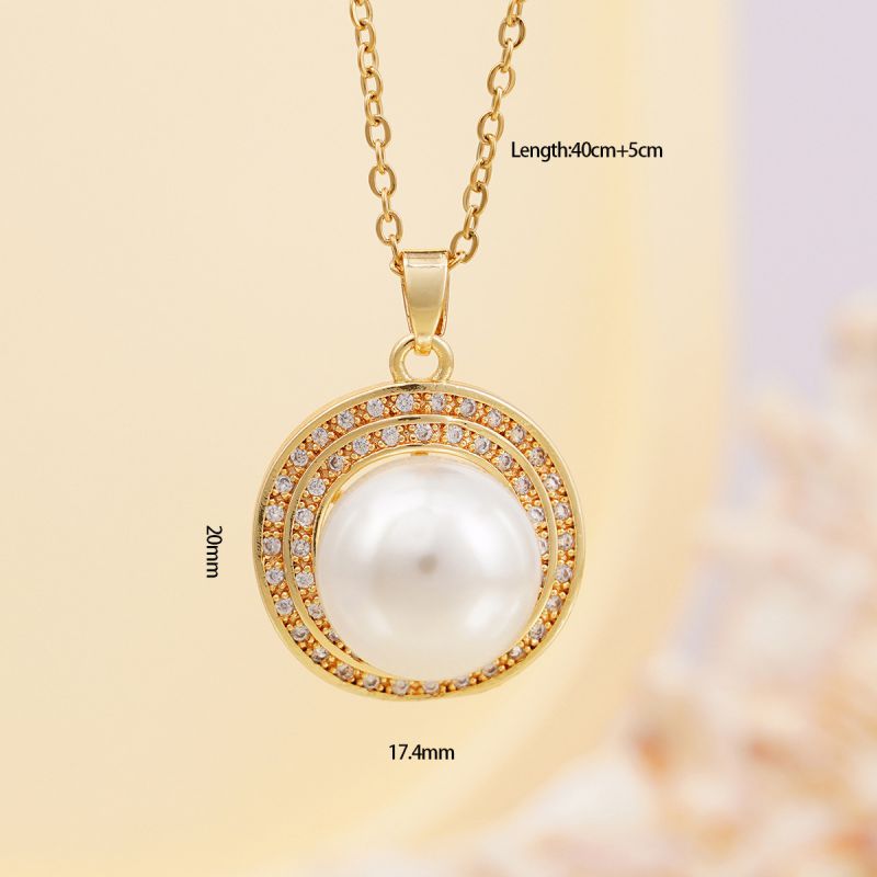 Gold Copper Diamond Pearl Round Necklace