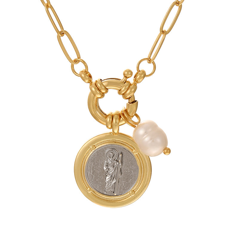Gold 1 Copper Round Portrait Pearl Ring Necklace