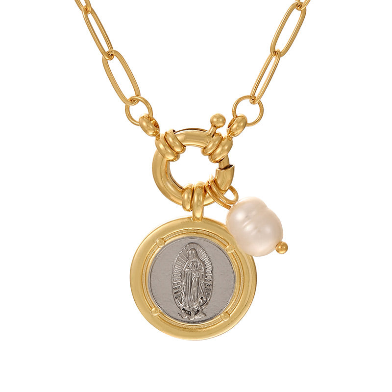 Gold 1 Copper Round Portrait Pearl Ring Necklace