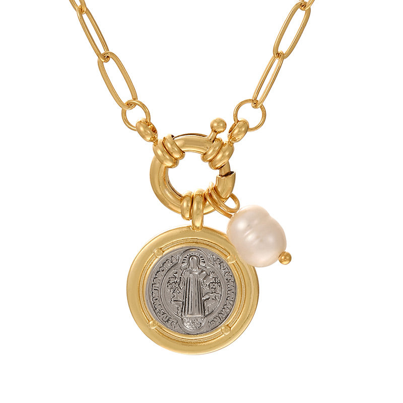 Gold 1 Copper Round Portrait Pearl Ring Necklace