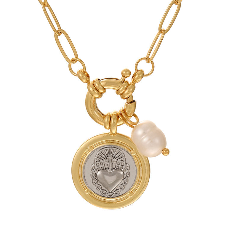 Gold 1 Copper Round Portrait Pearl Ring Necklace