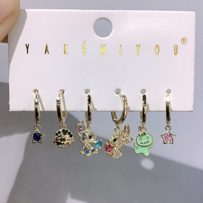 Color Copper Inlaid Zircon Oil Drop Cartoon Earrings 6-piece Set