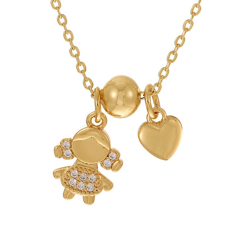 Gold 1 Copper Inlaid Zircon Girl's Heart Beaded Necklace (6mm)