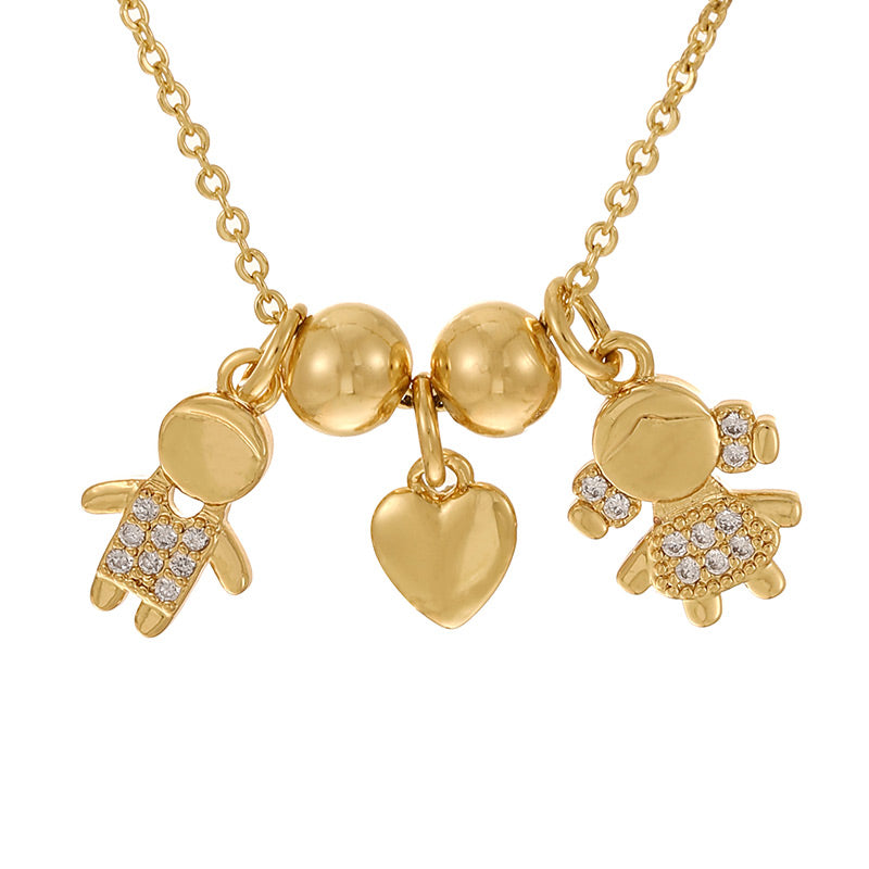 Gold 1 Copper Inlaid Zircon Girl's Heart Beaded Necklace (6mm)