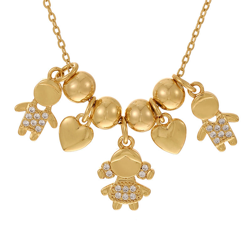 Gold 1 Copper Inlaid Zircon Girl's Heart Beaded Necklace (6mm)