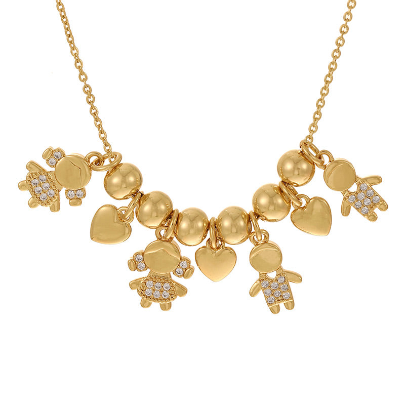 Gold 1 Copper Inlaid Zircon Girl's Heart Beaded Necklace (6mm)