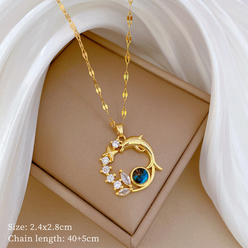 Gold 1 Titanium Steel And Diamond Dolphin Necklace