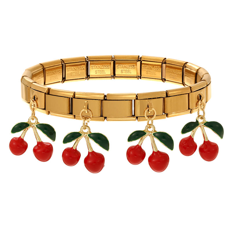 Gold Titanium Steel Oil Drop Cherry Square Module Bracelet