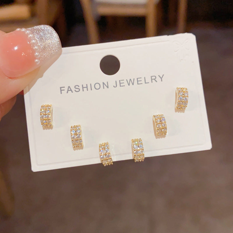 Gold-full Diamond Square Three-piece Earrings (thickened Real Gold Electroplating) Copper And Diamond Geometric Earring Set