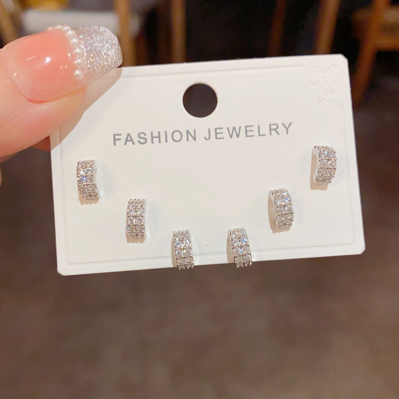 Gold-full Diamond Square Three-piece Earrings (thickened Real Gold Electroplating) Copper And Diamond Geometric Earring Set