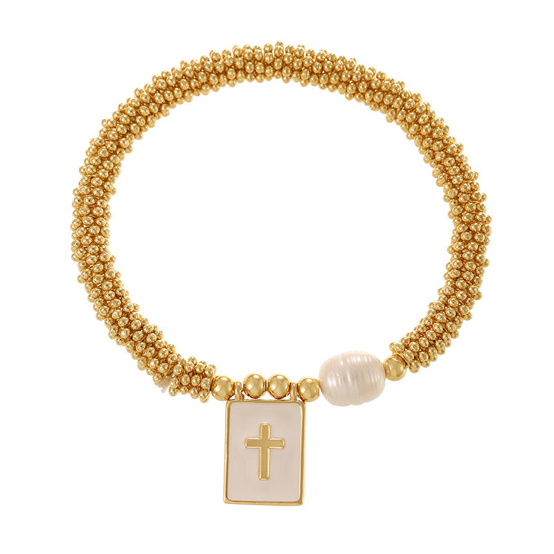 Gold 1 Copper Gold-plated Pearl Letter Heart Square Pendant Mesh Chain Bracelet (4mm)