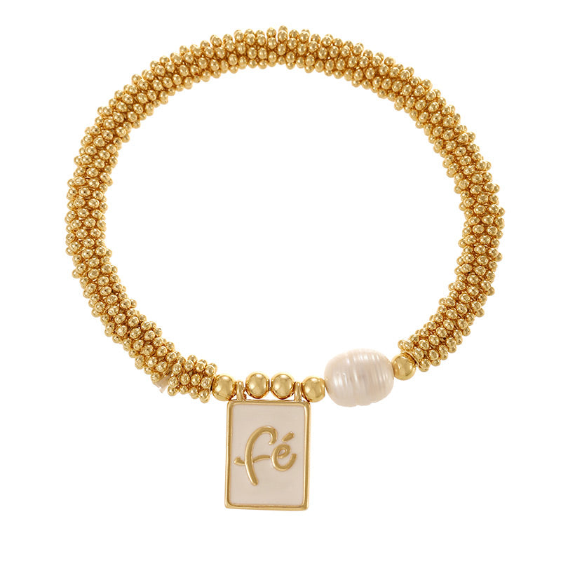Gold 1 Copper Gold-plated Pearl Letter Heart Square Pendant Mesh Chain Bracelet (4mm)