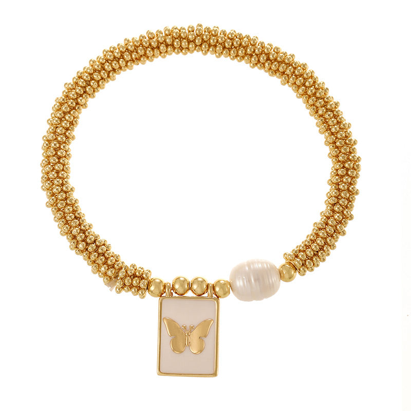 Gold 1 Copper Gold-plated Pearl Letter Heart Square Pendant Mesh Chain Bracelet (4mm)