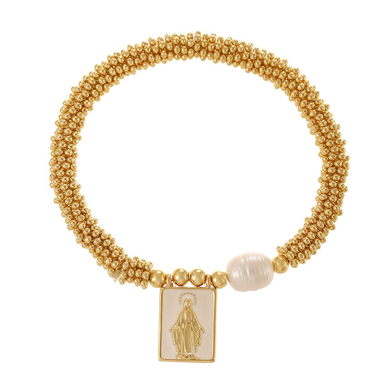 Gold 1 Copper Gold-plated Pearl Letter Heart Square Pendant Mesh Chain Bracelet (4mm)