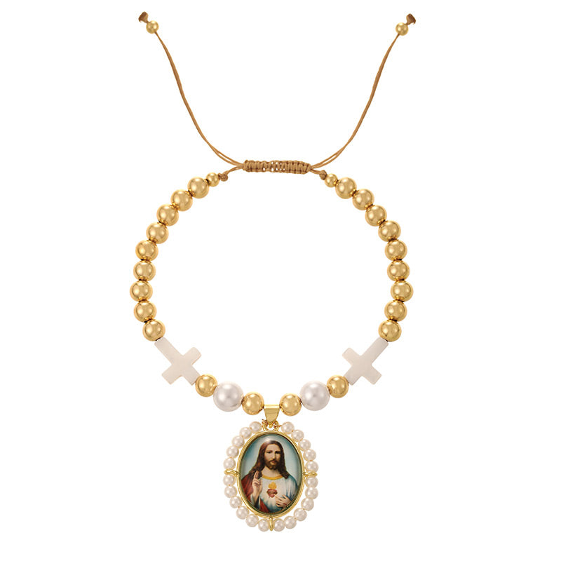 Gold 1 Copper Gold-plated Pearl Cross Beaded Madonna Oval Tag Bracelet (6/8/4mm)