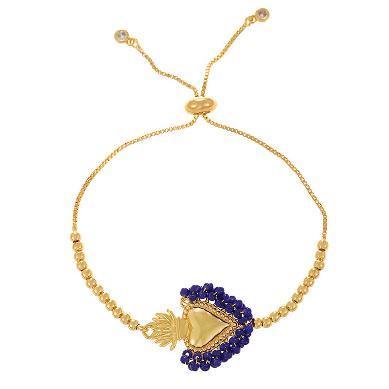 Dark Blue Copper Gold-plated Rice Beads Wrapped Around A Heart-shaped Pull-out Bracelet (3mm)