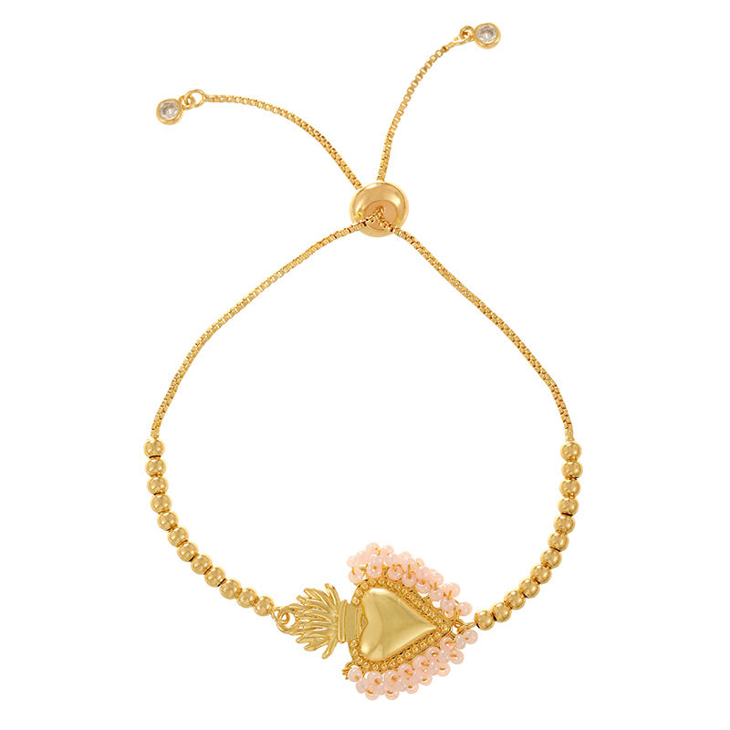 Dark Blue Copper Gold-plated Rice Beads Wrapped Around A Heart-shaped Pull-out Bracelet (3mm)