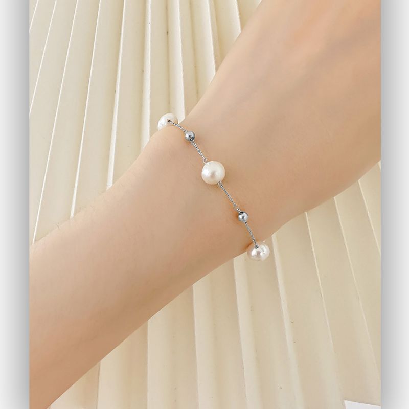 Pearl And Gold Beads Necklace Gold Titanium Steel Pearl And Gold Bead Necklace