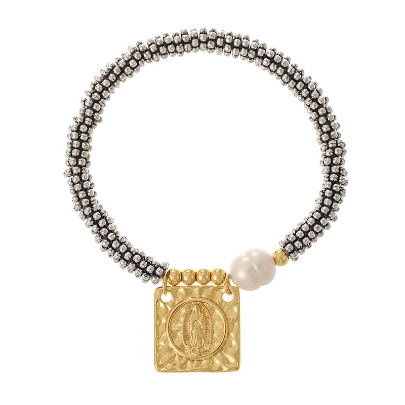 Gold And Silver 2 Copper Square Portrait Beaded Pearl Bracelet